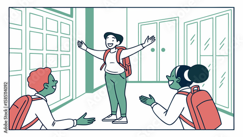 School children greeting each other in a hallway.