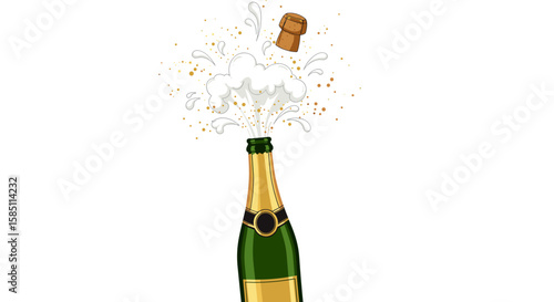 Sparkling wine celebration with popping cork and bubbles