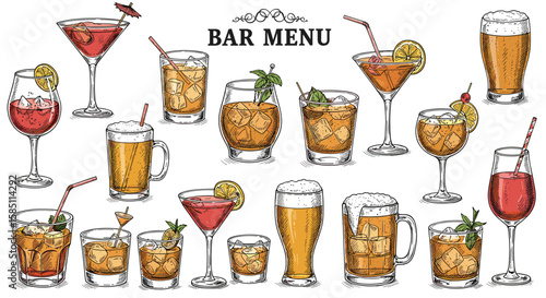 Hand drawn assorted cocktail and beer glasses on bar menu