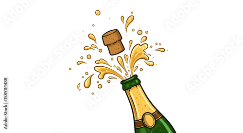 Celebratory champagne cork popping with sparkling burst and bubbles