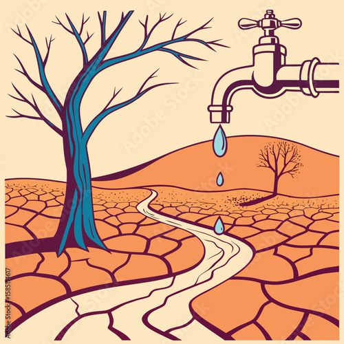 Illustration of a dry landscape with cracked earth, a tree, a faucet, and water droplets falling