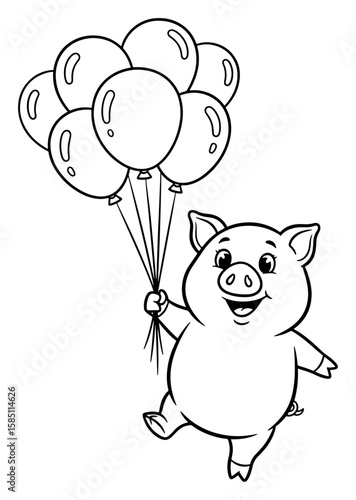 Cartoon Outlined Piglet Holding a Bunch of Balloons