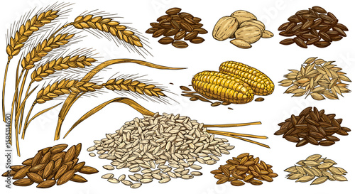 Various grains and seeds collection on white background in detailed art style