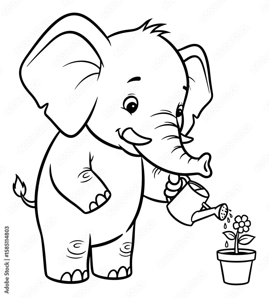 Naklejka premium Cute Elephant Watering Flower Coloring Page