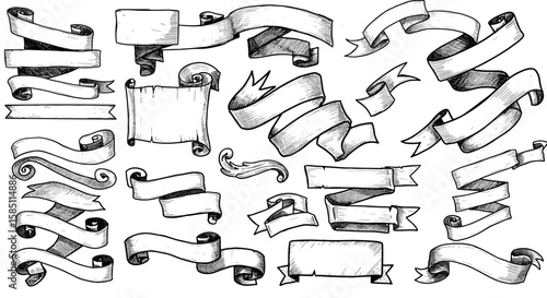 Vintage hand-drawn banners and ribbons set for decorative designs