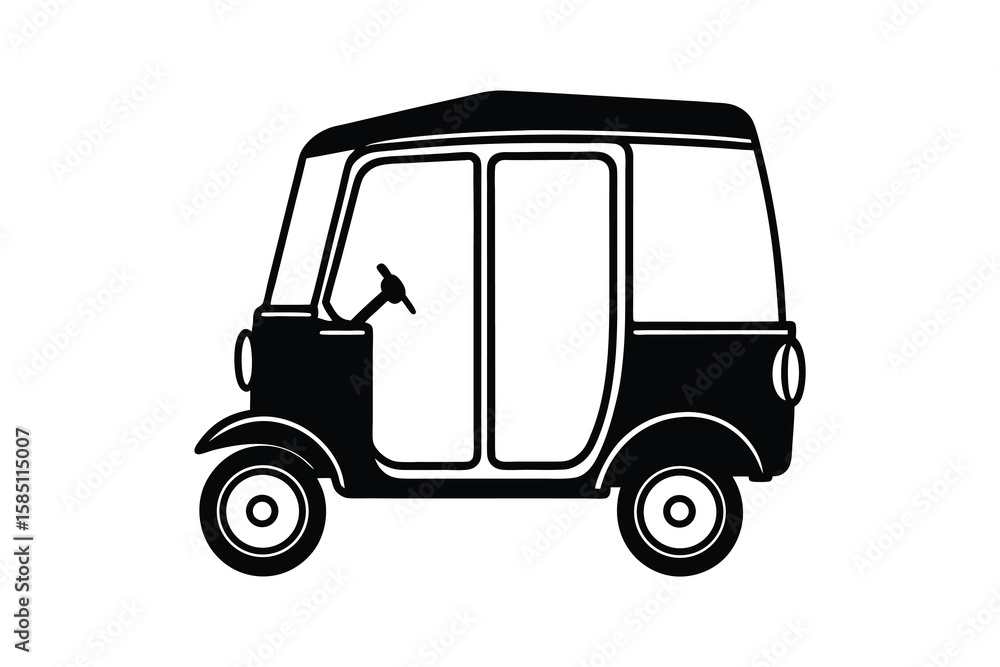 Fototapeta premium Silhouette of a three-wheeled auto rickshaw, featuring a rounded roof, enclosed driver area, and two distinct wheels at the back. The design is simplistic and bold, rendered entirely in black.