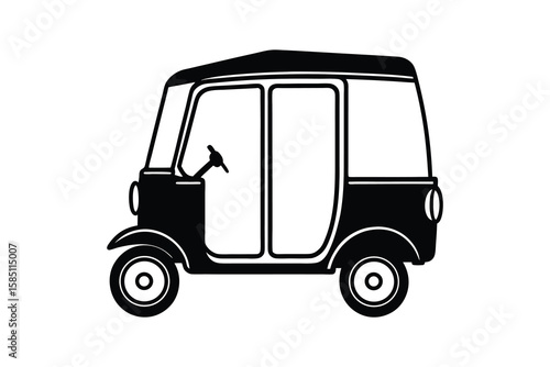 Silhouette of a three-wheeled auto rickshaw, featuring a rounded roof, enclosed driver area, and two distinct wheels at the back. The design is simplistic and bold, rendered entirely in black.