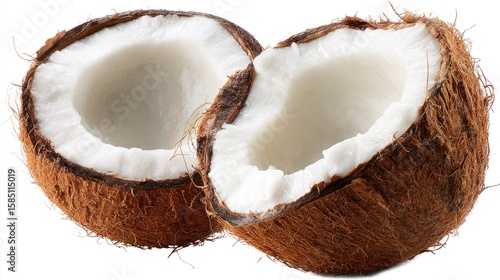 Two fresh coconut halves are isolated showing the white flesh and brown shell, a tropical vibe.