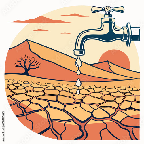 Illustration of a tap dripping water onto a cracked dry landscape with mountains and sun in the background