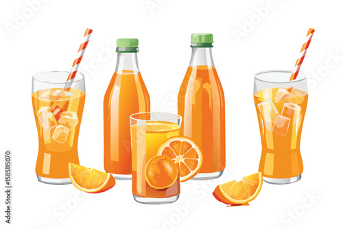 Photorealistic Orange Drinks Vector Icon Set. Realistic Juice and Soda with Gradient Mesh Shading
