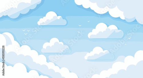 Serene blue sky with fluffy clouds and flying birds in a tranquil cartoon style