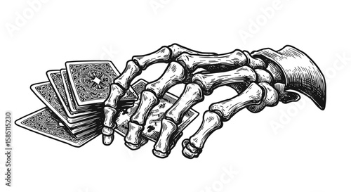 Vintage skeleton hand holding playing cards in detailed monochrome style