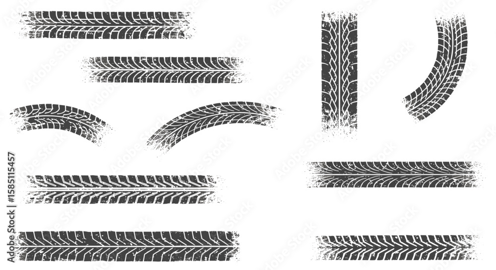 Tire tracks set: grunge style collection of different patterns and shapes
