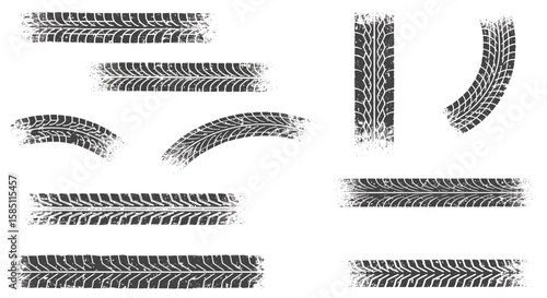 Tire tracks set: grunge style collection of different patterns and shapes