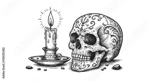 Skull and candle with ornamental art: vintage detailed ink design