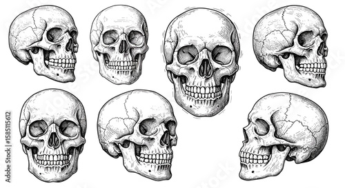 Detailed hand-drawn human skull set in vintage style for creative designs