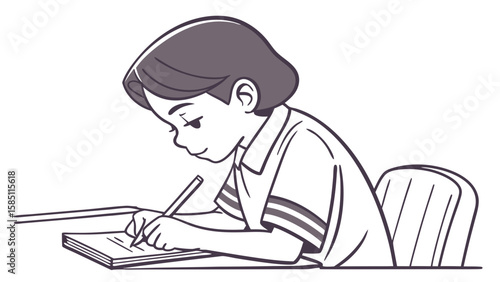 Boy writing in a notebook at a desk, focused on his schoolwork.