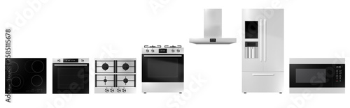 Modern Kitchen Appliances Vector – Oven, Refrigerator, Stove, Hood, Microwave on White