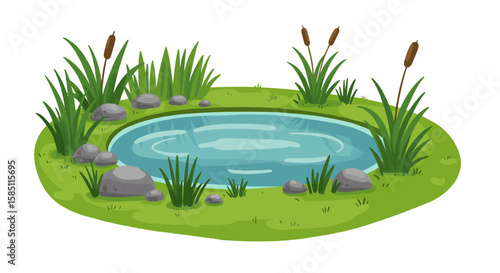 Serene pond with rocks and reeds in lush greenery