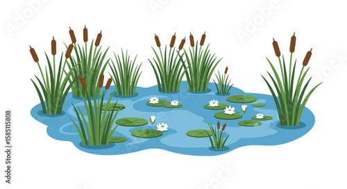 Serene pond with water lilies and cattails in flat design