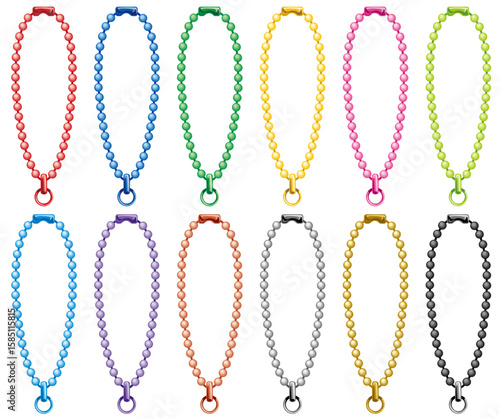 カラフルでシンプルなボールチェーンのジョイント金具付きベクターアイコンイラストセット(Colorful and Simple Ball Chain Vector Icon Illustration Set with Connector Fittings)
