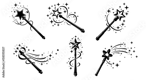 Magical star wands: enchanting black and white designs with sparkling effects