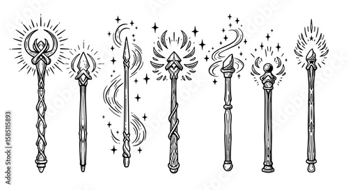 Magical wand collection with mystical designs and enchanted elements
