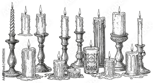 Detailed line art of various candles in holders with melting wax
