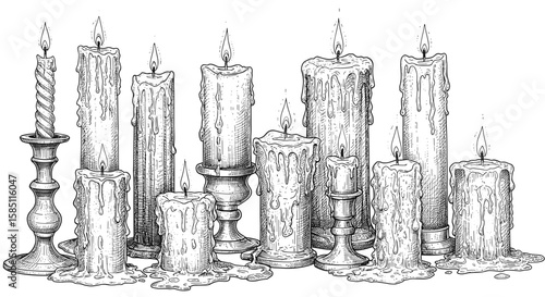 Vintage hand drawn candles with melting wax in black and white
