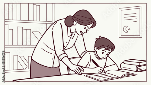 A caring mother or teacher helps a young boy with his homework, guiding his hand as he writes in a notebook at a desk.