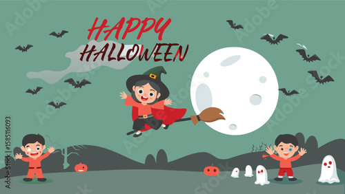 Happy halloween scene with witch flying on broomstick and kids with ghosts and bats in the night