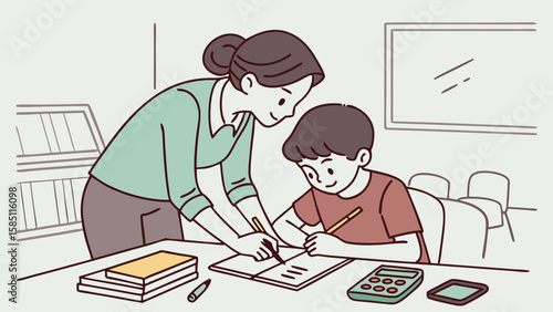 A teacher or tutor helps a young boy with his schoolwork at a desk in a classroom setting.
