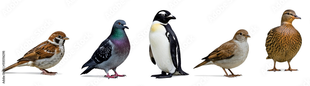 Fototapeta premium Group of beautiful birds isolated on white background. Elegant nature representatives.