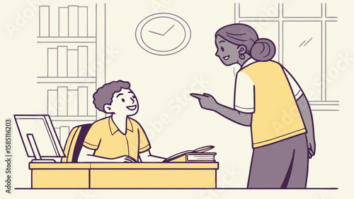 A teacher pointing at a student who is sitting at a desk in a classroom.