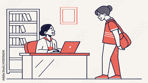 A friendly receptionist helps a student at the office desk.