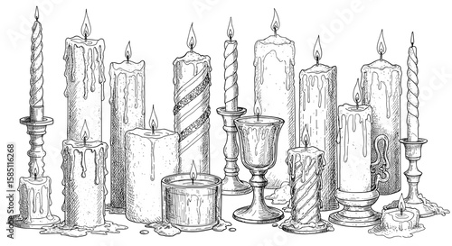 Elegant hand drawn candle collection featuring assorted designs and intricate details