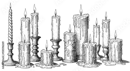 Detailed hand drawn candles with melting wax in vintage style