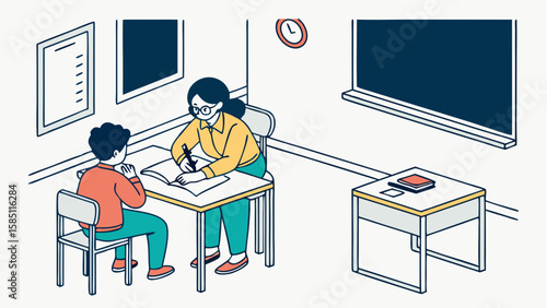 A teacher assisting a student at a desk in a classroom setting, providing guidance and instruction.