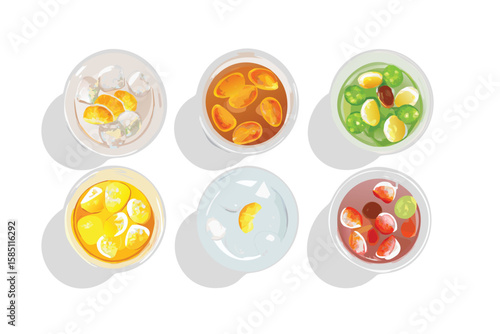 Photorealistic Drink Top Views Vector Set. Realistic Beverages with Ice Cubes and Gradient Mesh Shading