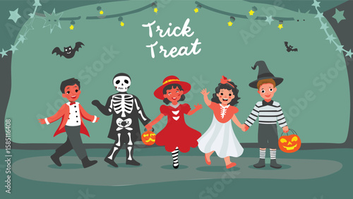 Children dressed in halloween costumes holding hands under trick or treat banner and bats scene