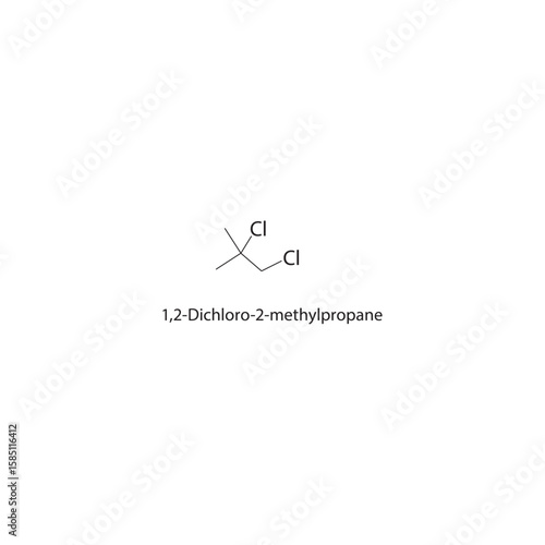 1,2-Dichloro-2-methylpropane skeletal structure. halogen alkane compound schematic illustration. Simple diagram, chemical formula.