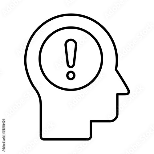 Head with exclamation mark line icon. Alert concept. Warning sign in mind. Human brain attention idea. Worried person and anxiety symbol. Awakening awareness. Excitation state. Vector illustration. 