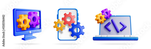 Collection of 3d vector illustrations of computer, phone, and laptop with gears and code for system setup.