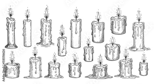 Hand drawn vintage melting candles with flickering flames