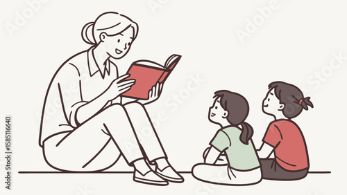 A woman reading a book to two children sitting on the floor.
