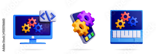 Software development 3d vector render collection with computer, phone, laptop and gear icons. Coding and programming concept for app.