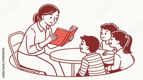 Teacher reading a book to a group of attentive children.
