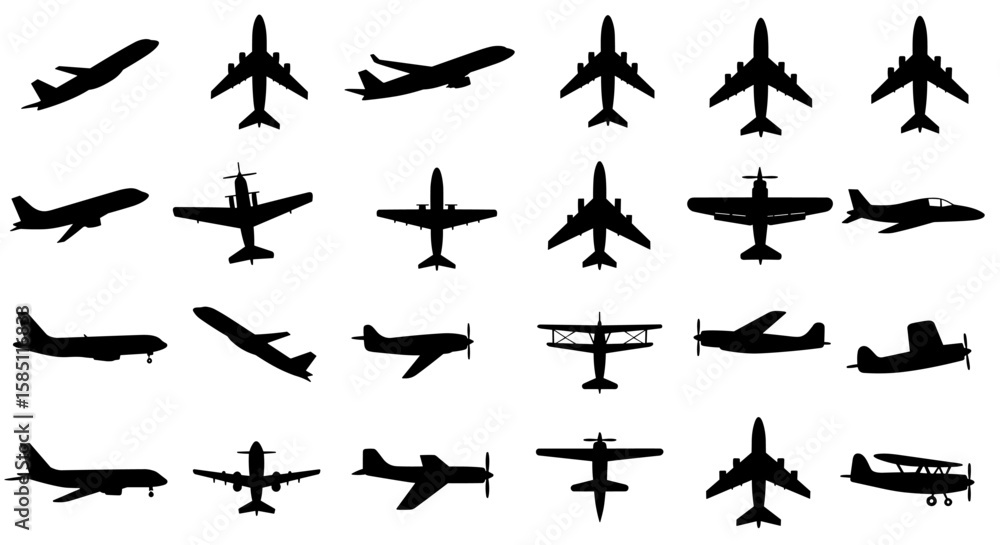 Fototapeta premium Silhouette aircraft collection: diverse airplane designs for aviation enthusiasts