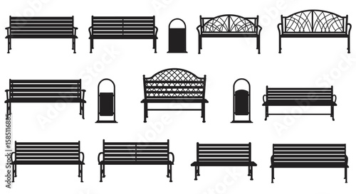 Collection of park bench silhouettes in various designs