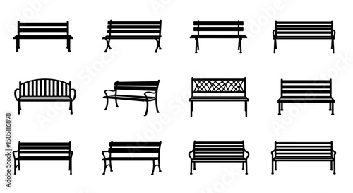 Collection of various bench silhouettes: park and garden furniture in black and white